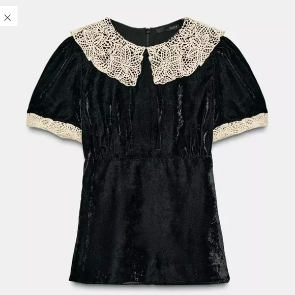 Zara Black Top with Cream Lace Collar - Picture 4 of 4